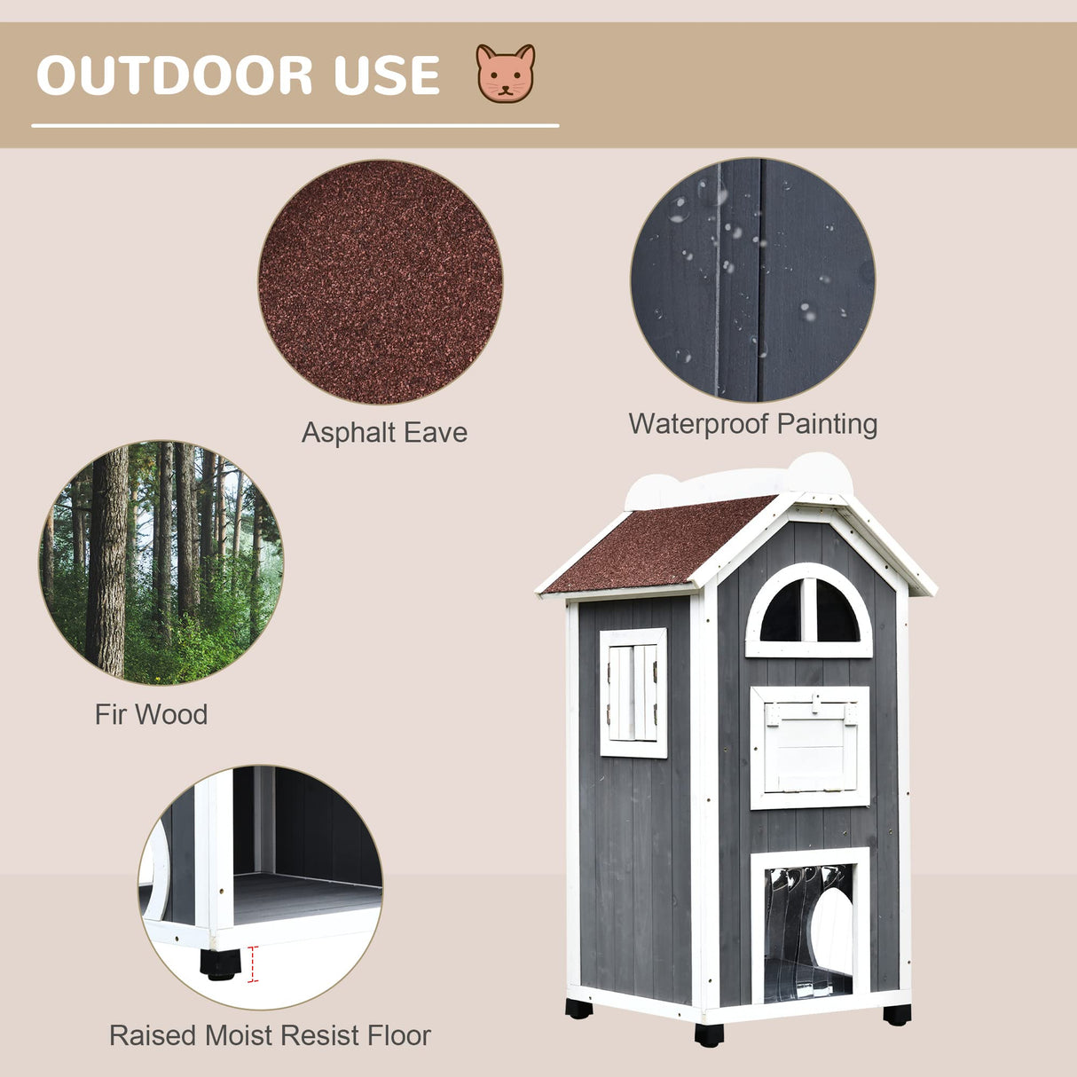 PawHut 43" H Wooden Cat House Outdoor with Hammock, Weatherproof 3-Floor Feral Cat Shelter with Escape Doors, Asphalt Roof, Inside Ladders, Gray PawHut