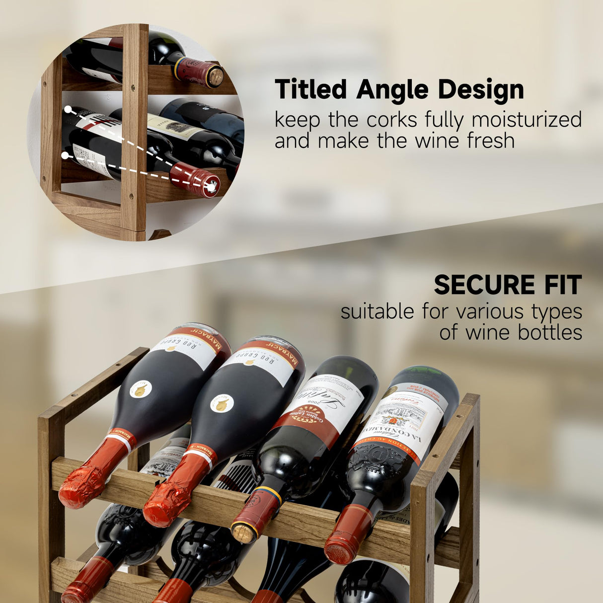 28-Bottle Wine Rack Free Standing Floor, Solid Wood 7-Tier Display Wine Storage Shelves with Tabletop, Wobble-Free Bottle Holder for Cellar Kitchen Bar Dining Room Living Room, Light Brown FLYJOE
