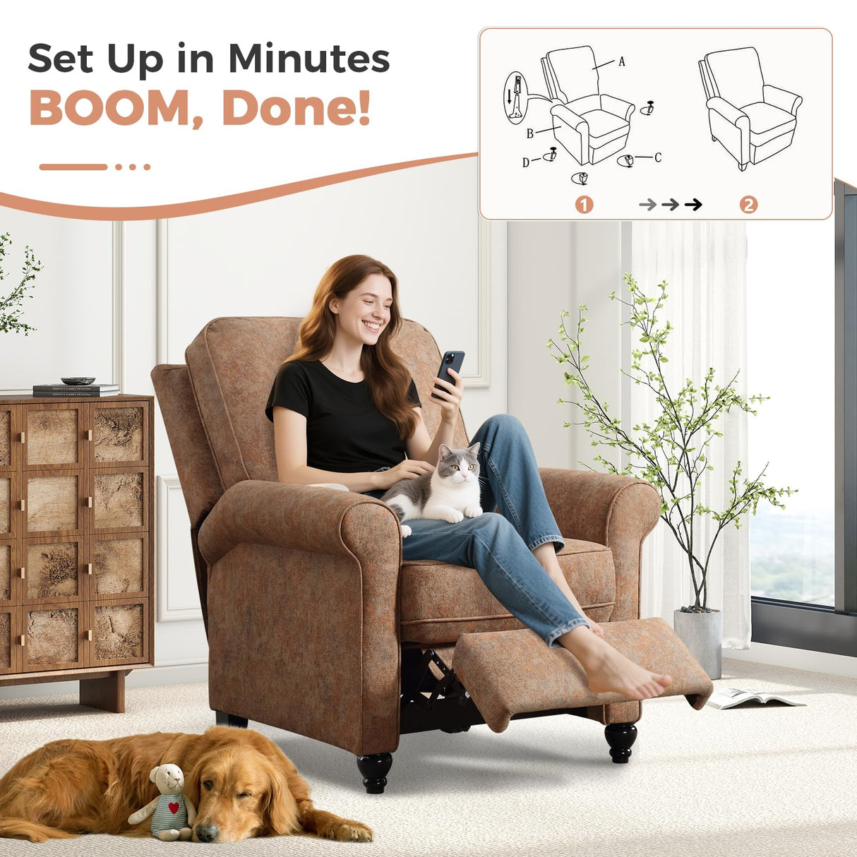 ANJ Push Back Recliner Chair, Textured Fabric Overstuffed Wingback Recliner, Adjustable Pushback Chair with Padded Seat and Back, Single Reclining Sofa for Living Room, Bedroom(Retro Brown) ANJ