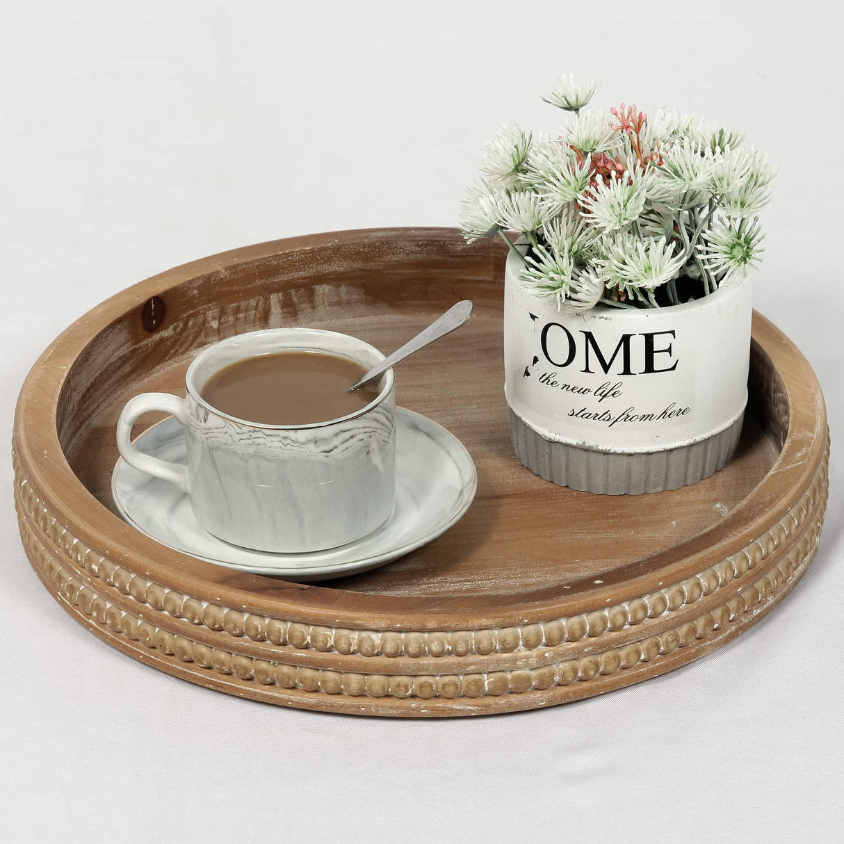Carah & Cossh 12'' Round Wooden Tray, Whitewashed Round Decorative Wood Tray, Round Farmhouse Rustic Decorative Tray, Perfect for Storage and Display (Rustic Brown) Carah & Cossh