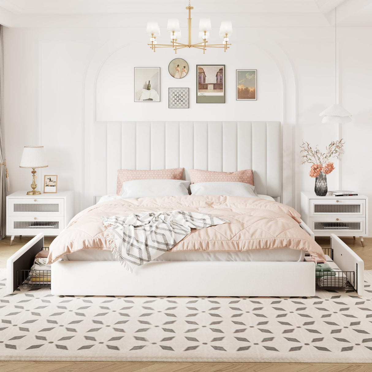 Allewie King Size Storage Bed Frame, Vertical Channel Tufted Adjustable Headboard, Velvet Upholstered Platform Bed with 4 Oversized Underbed Drawers, Wooden Slats Support, No Box Spring Needed, White Allewie