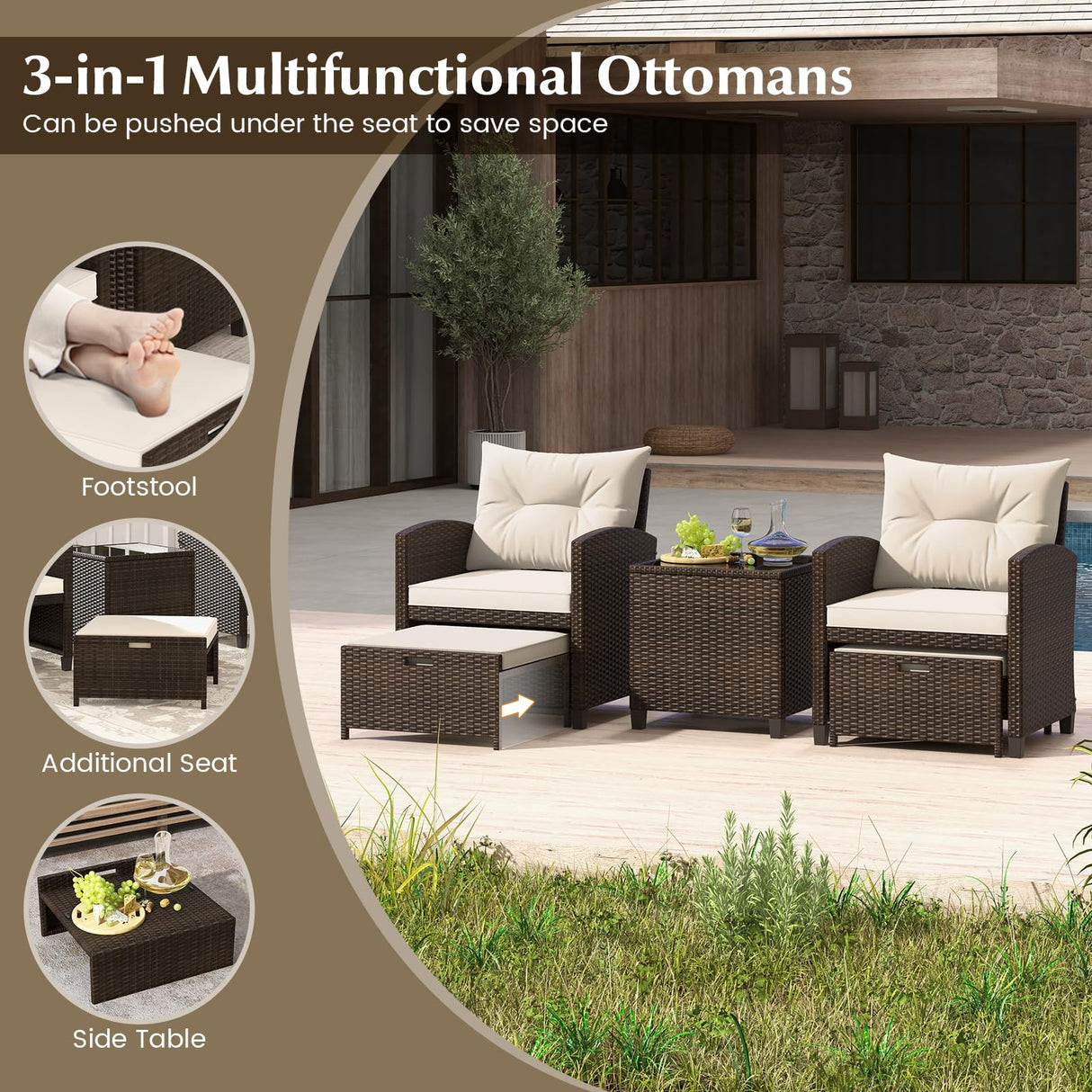 Tangkula 5 Piece Patio Rattan Furniture, Wicker Cushioned Chairs Set w/ 2 Ottomans & Tempered Glass Coffee Table, for Poolside, Backyard, Lawn, Deck (Mix Brown+Off White) Tangkula