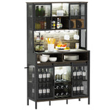 QNICE 71" Dark Rustic Oak Industrial Kitchen Hutch with Sliding Barn Door and LED Lights QNICE