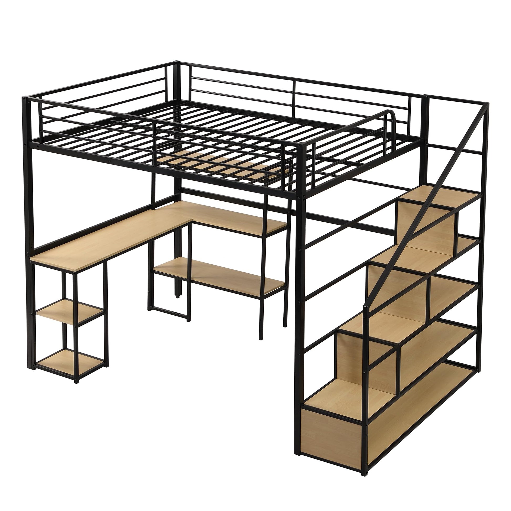 Bellemave Full Size Metal Loft Bed with Desk, Stairs, and Storage in Black - WoodArtSupply