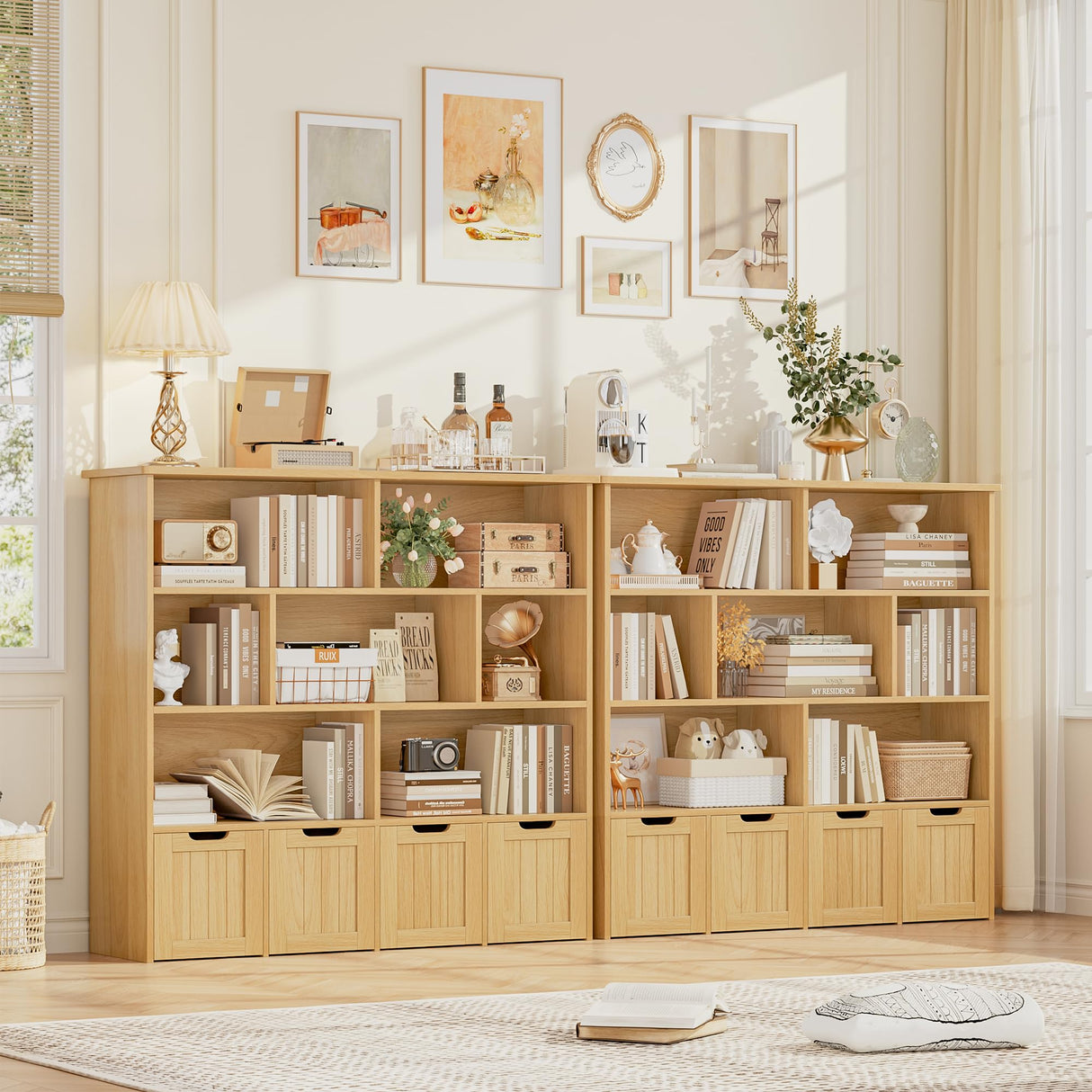 FINETONES Toy Storage Organizer, Large Toy Organizers and Storage with 4 Movable Drawers and 7 Storage Cubbies, Toy Chest Shelf Kids Bookshelf with Hidden Wheels, Natural FINETONES