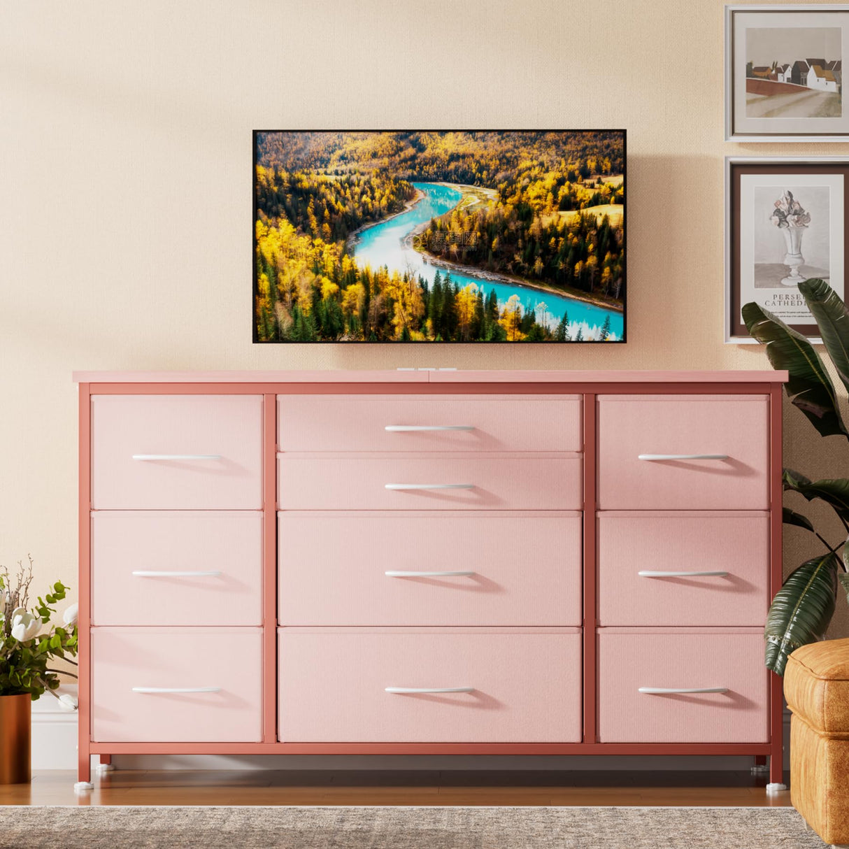 Pink Dresser for Bedroom, Modern Dresser with 10 Drawers, 55 Inch Tv Stand Dressers with Power Outlet, Storage Unit Organizer Chest of Drawers for Closet, Kid Room, Dressers Cupboard for Bedroom Takywep