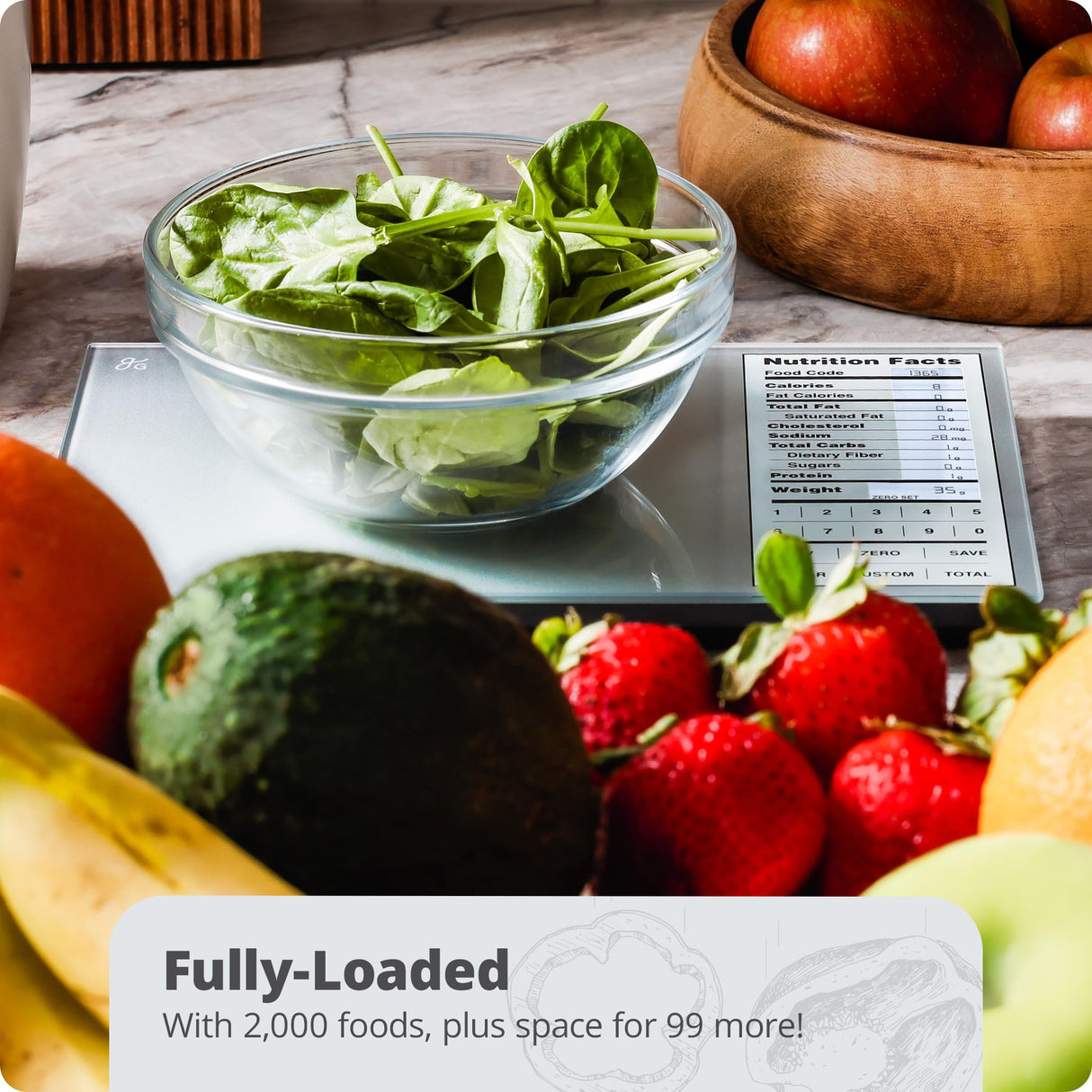 Greater Goods Nutrition Scale (Standalone, No Bluetooth) – Food Grade Glass Digital Food Scale with 2,000 Preloaded Foods, Compact 9.3"x6", for Portion Control, Calorie Counting, and Meal Prep Greater Goods