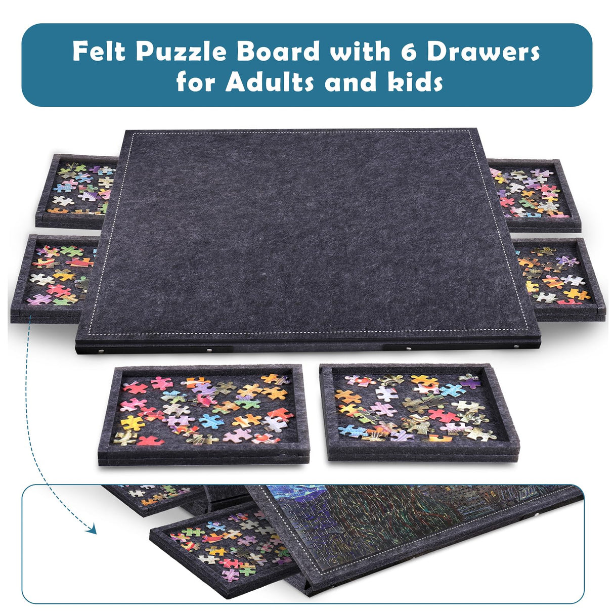Pllieay 1000 Pieces Jigsaw Puzzle Board with 6 Drawers and Cover, 30"x22" Felt Jigsaw Puzzle Table for Adults, Portable Puzzle Organizer & Storage System, Puzzle Accessories Birthday Gift Pllieay