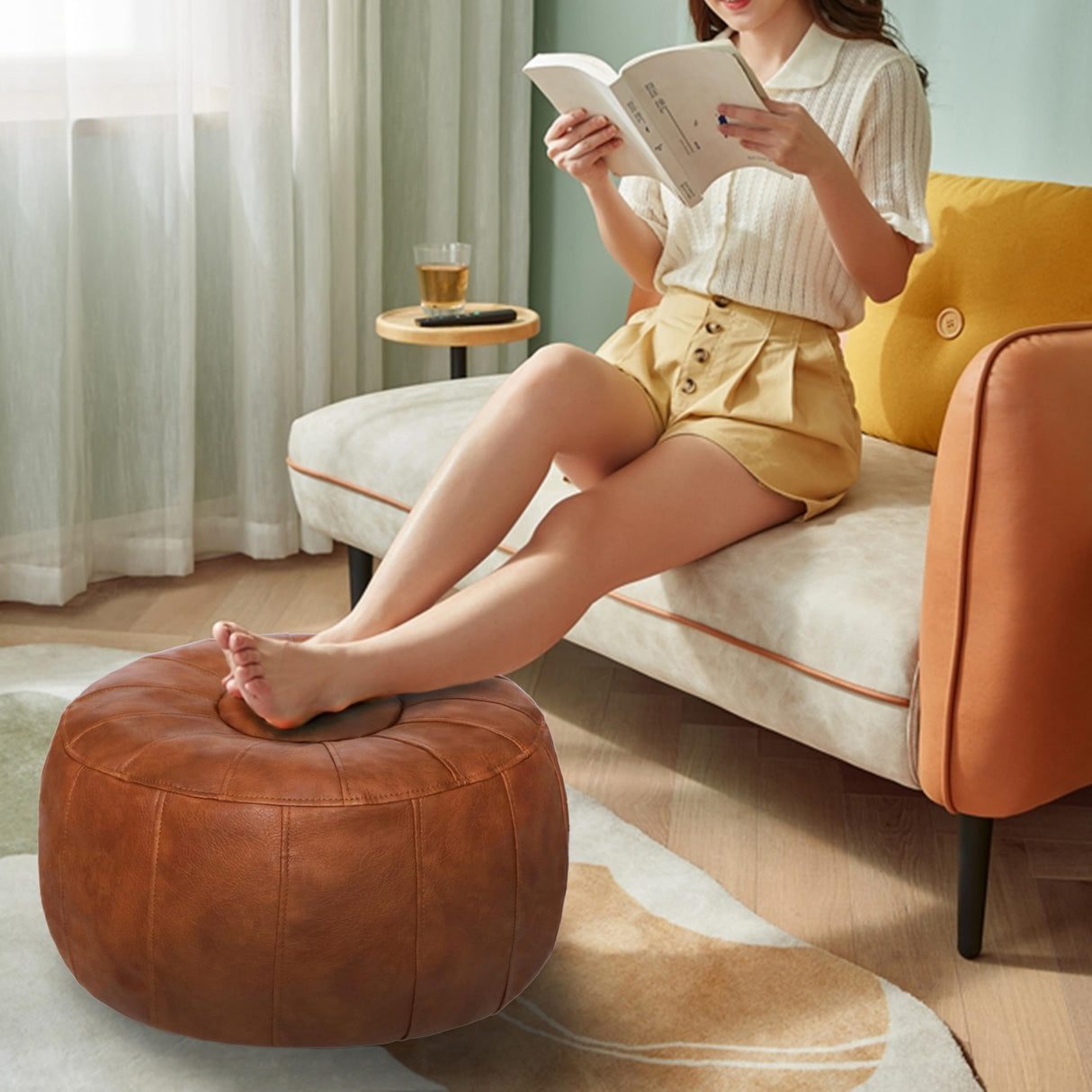Thgonwid Unstuffed Handmade Moroccan Round Pouf Foot Stool Ottoman Seat Faux Leather Large Storage Bean Bag Floor Chair Foot Rest for Living Room, Bedroom or Wedding Gifts (Light Brown) Thgonwid