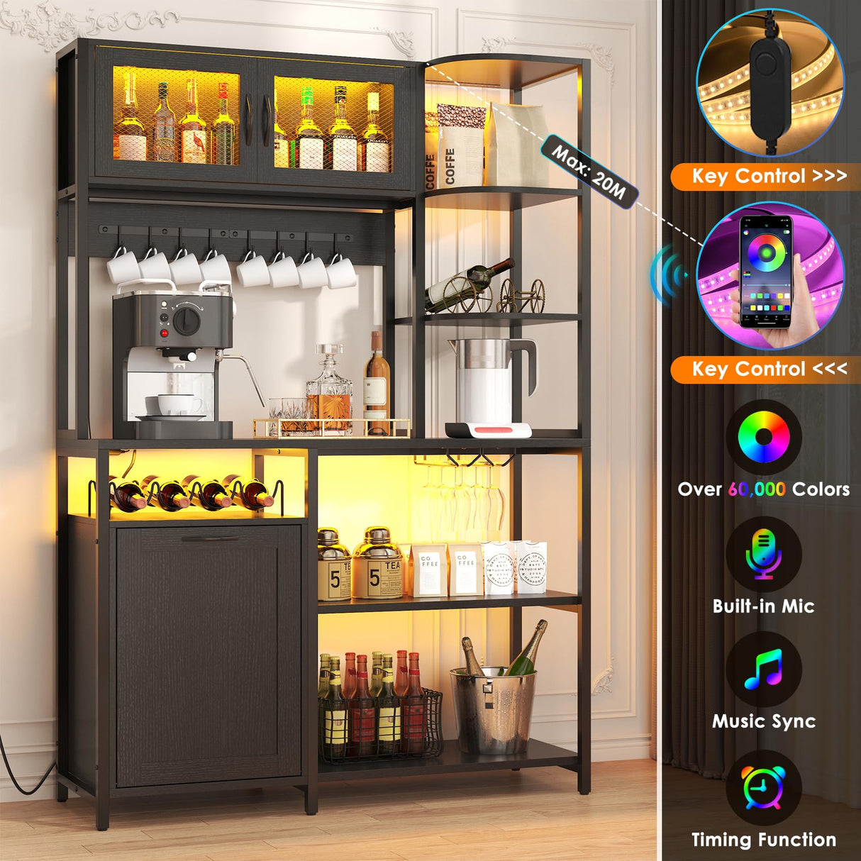 Lafnest Bakers Rack with Power Outlet and LED Light, 6-Tier Commercial Bakery Racks, Kitchen Microwave Stand with Storage Cabinet, Kitchen Tilt Out Trash Cabinet, 15.8" D x 42.5" W x 67.8" H, Black Lafnest