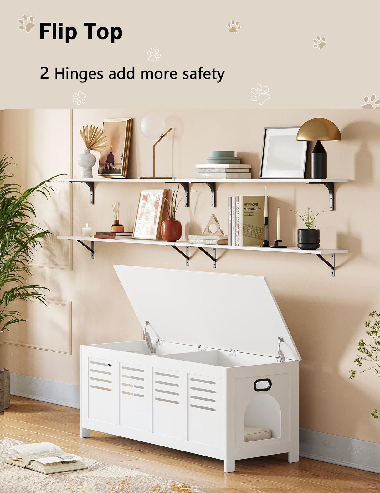 DINZI LVJ Litter Box Enclosure Furniture for 2 Cats, Top Opening Hidden Litter Box with Double Rooms, Dual Cat House with Good Ventilation, 47.2" Wooden Cat Washroom, White DINZI LVJ