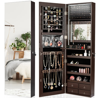 CHARMAID LED Strip Jewelry Armoire with 47.2" H Full Length Mirror, Wall/Door Mounted Jewelry Organizer with Built-in Mirror, Flip-over Cosmetic Tray, 4 Drawers, Large Storage Jewelry Cabinet (Coffee)