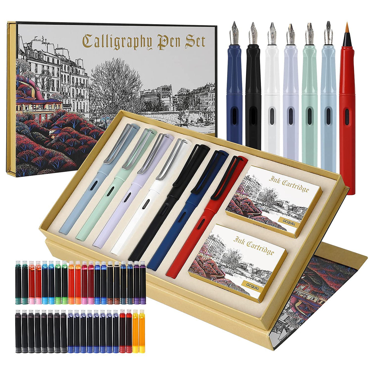 GC QUILL Calligraphy Fountain Pen Set- 7 with Different Nibs and 40 Ink Cartridges for Beginners- MU-09 GC QUILL
