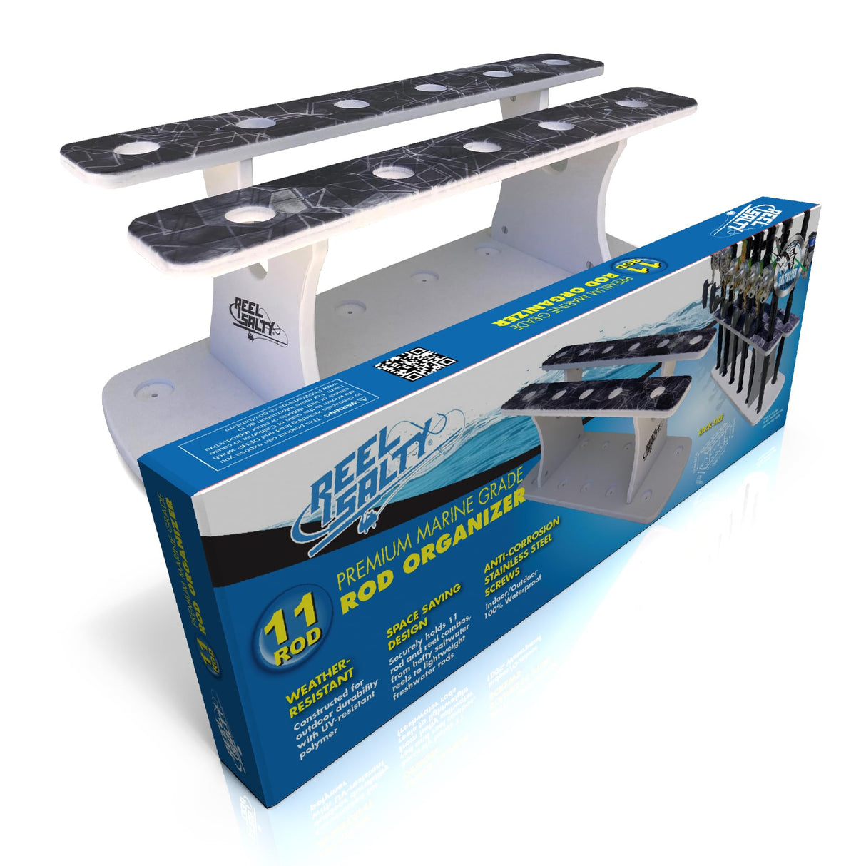 Rush Creek Creations Reel Salty Premium Marine Grade 11-Rod Fishing Rod Holder with Bi-Level Design, UV-Resistant, 100% Waterproof Fishing Pole Holder for Garage and Dock, Securely Holds 11 Rods Rush Creek Creations