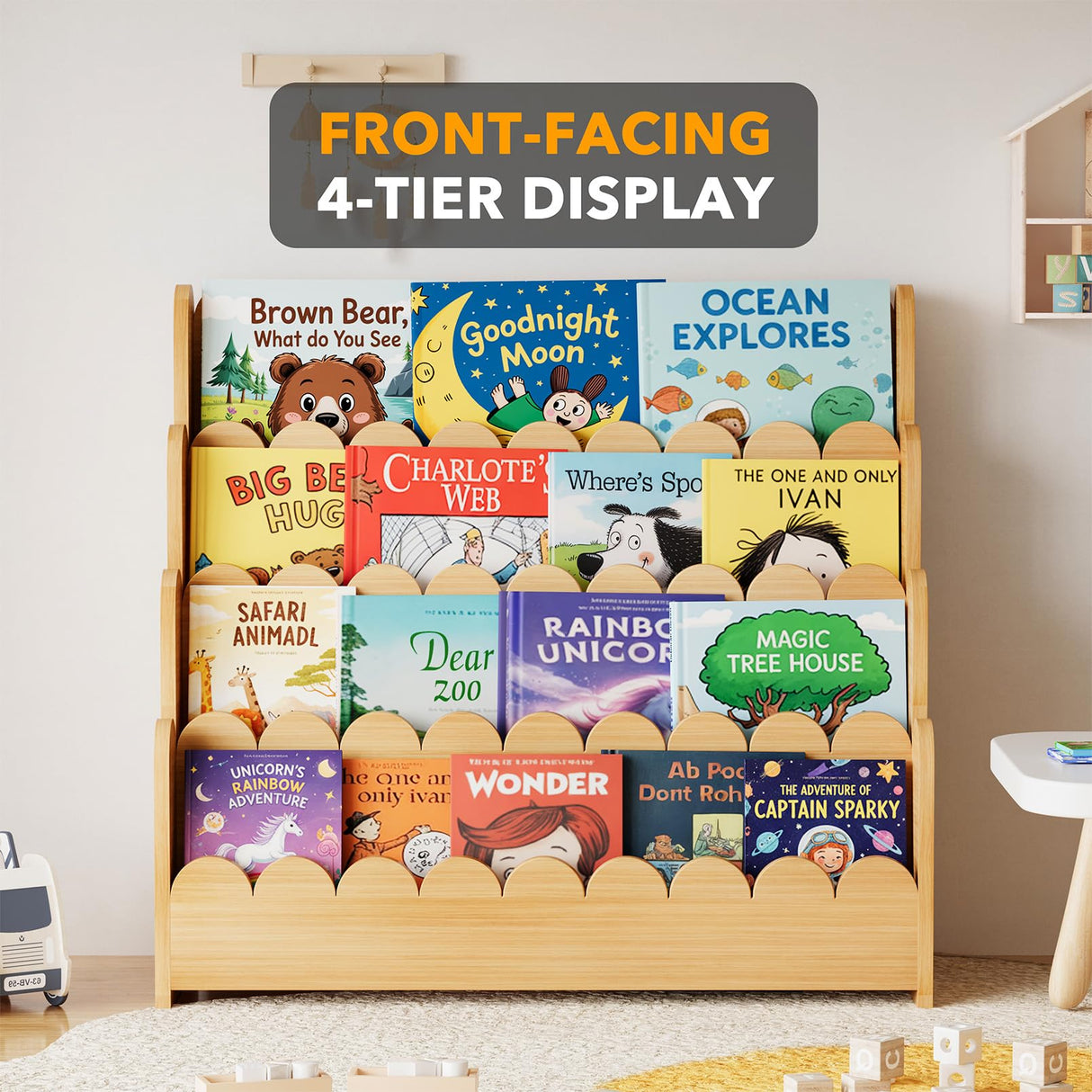 SpaceAid 4-Tier Scalloped Bookshelf, Montessori Bookcase for Toddlers, Wooden Book Shelf Organizer Display Furniture for Kids Rooms, Playroom, Nursery and Classroom, 29.6“ Wide, Natural SpaceAid
