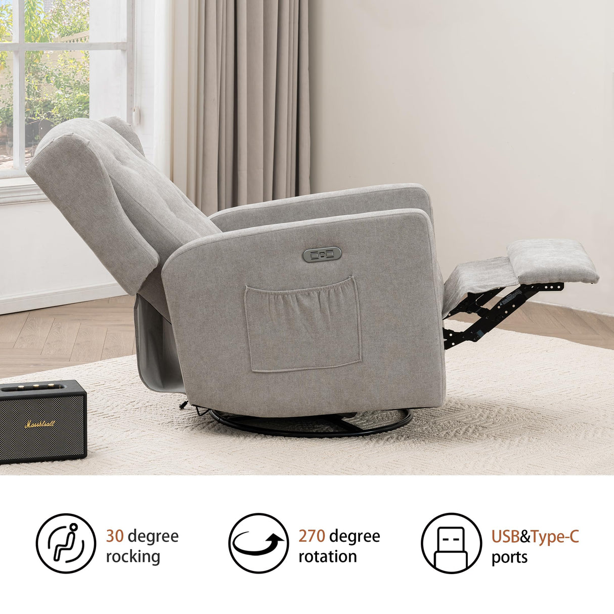 Ketaiyou Power Swivel Rocking Recliner Chair, High Back Electric Rocker Nursery Glider Chair, USB and Type-C Ports, Upholstered Fabric Reclining Single Sofa Chair for Living Room (Grey) Ketaiyou