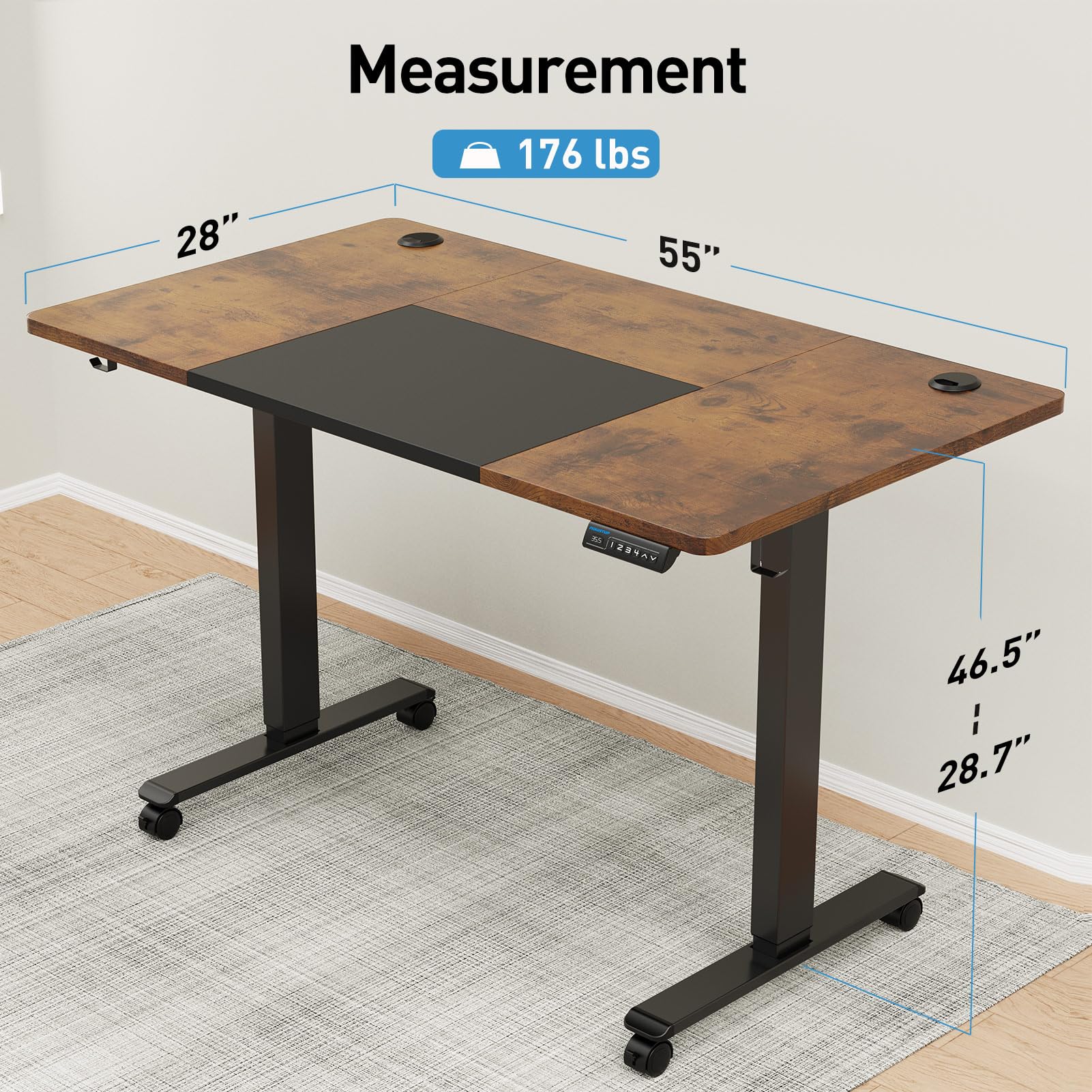 MOUNTUP 55x28 Inches Electric Height Adjustable Standing Desk, Sit Stand Desk with Memory Controller, Ergonomic Stand Up Desk for Home Office with Splice Board, Rustic Brown+Black - WoodArtSupply