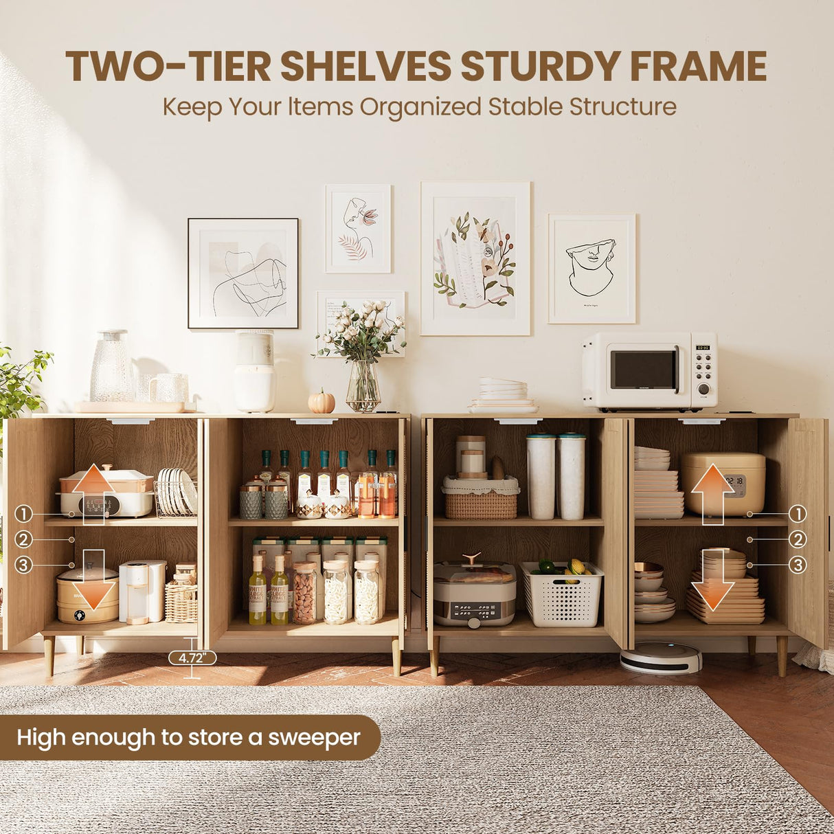 Patikuin Rattan Sideboard Buffet Cabinet, 4 Doors Accent Storage Cabinet, Console Table Coffee Bar with Power Outlet, Adjustable Shelves for Kitchen, Dining Room, Hallway, Living Room, Natural Patikuin