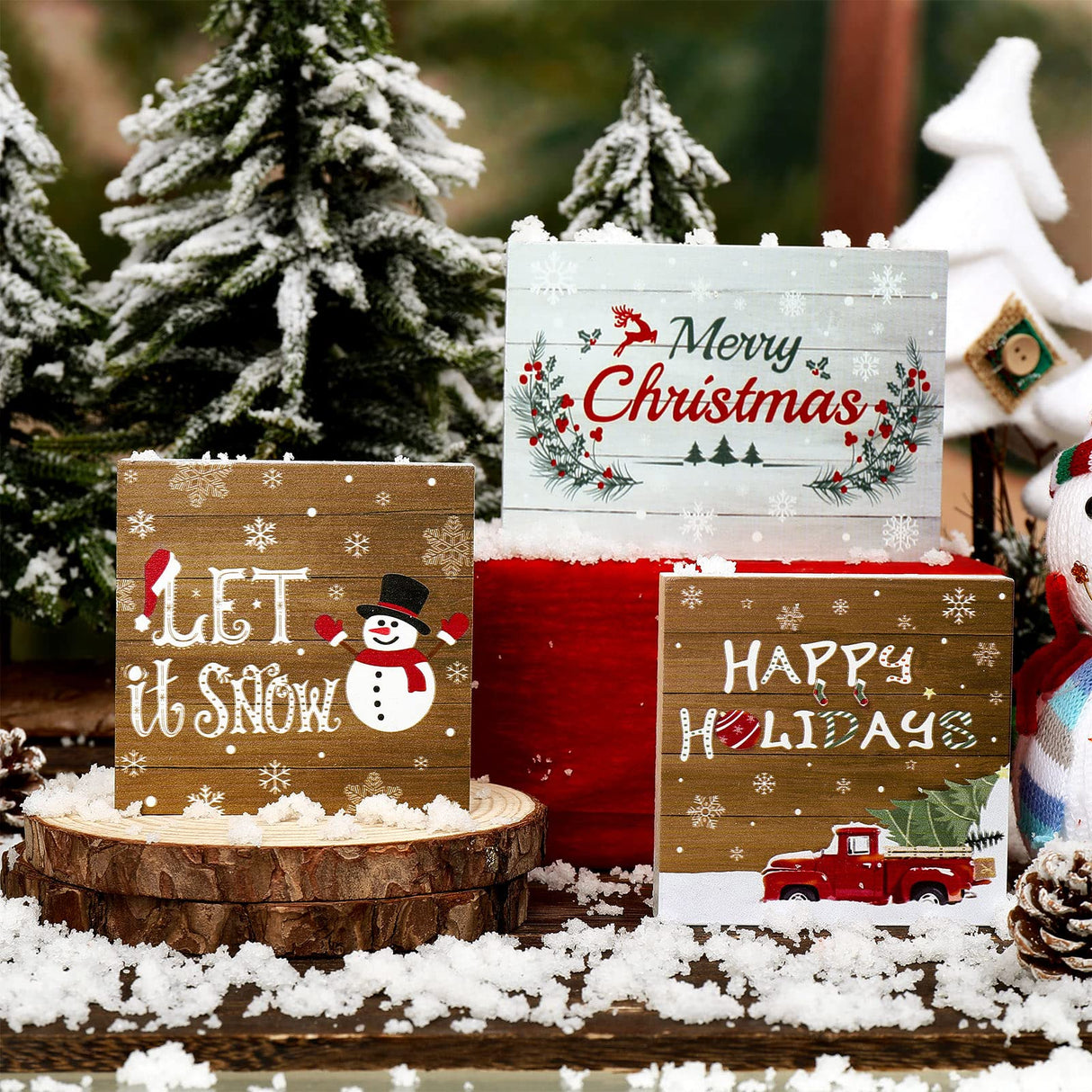 3 Pieces Christmas Tiered Tray Wood Signs Farmhouse Tray Decor Wooden Table Sign Christmas Inspired for Xmas Party Home Crafts Decorations DIY Decor Rustic Mini Wood Kitchen Signs Jetec