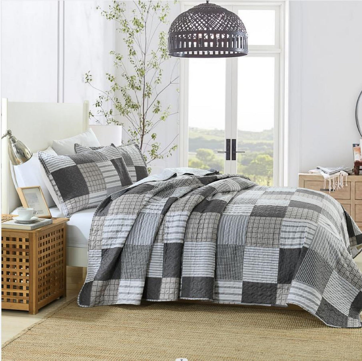 HIARUO Quilt Set Queen Size, 3 Pieces Bedspread Coverlet Plaid Patchwork Quilt Farmhouse Queen Size Comforter Set Lightweight Bedding with 2 Pillow Covers Shams for All Season Gray Brown White HIARUO