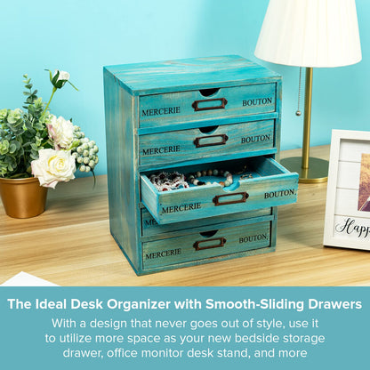 Turquoise 5-Tier Drawer Desktop Curio Cabinet - French Farmhouse Country Desk Organizer Box - Wooden Stackable Shelves - Teal Countertop Shelf w/Label Holder - 5-Level File Drawer Unit