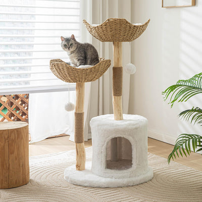 Modern Cat Tree for Indoor Cats Large Adult 46" Tall,Wooden Cat Tower for Large Cats with Scratching Post,Luxury Cat Condo, White.