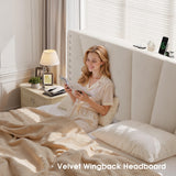 EnHomee King Size Bed Frame, Velvet Bed Frame with Headboard and Led Light, Platform Bed Frame for Bedroom Apartment, Dorm, Noise-Free, Easy Assembly, Beige EnHomee