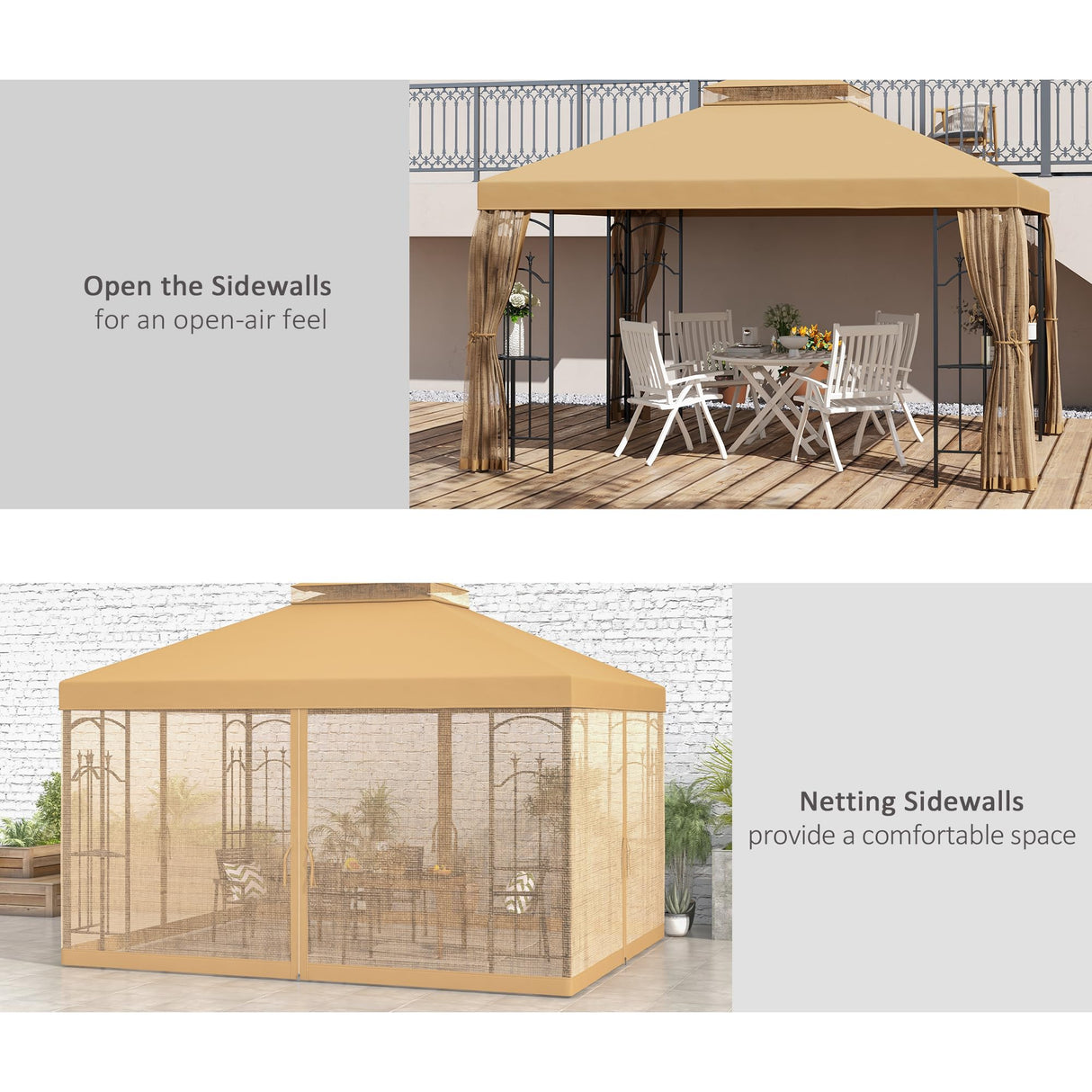 Outsunny 10' x 12' Patio Gazebo with Corner Frame Shelves, Double Roof Outdoor Gazebo Canopy Shelter with Netting for Patio, Wedding, Catering & Events, Brown Outsunny