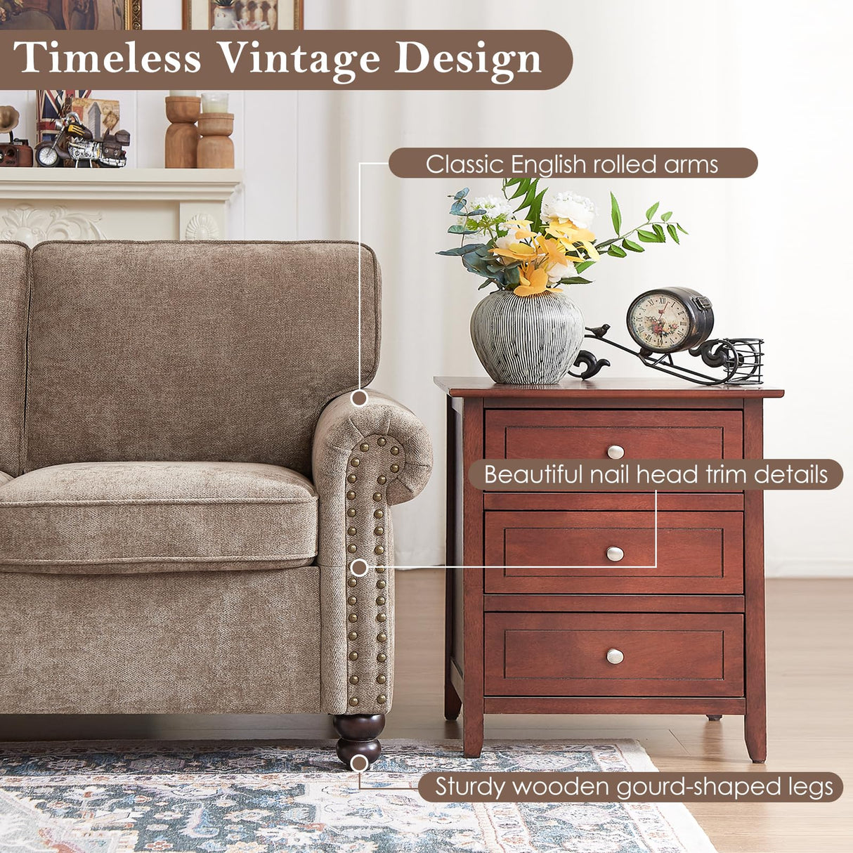 Sivoey 81.5" Nailhead Sofa, Rolled Arms Sofa with Wooden Legs, Pocket Springs Seat Cushion, Easy Assembly, Comfy 3-Seater Classic Couch for Living Room, Farmhouse, Apartment, Brown Sivoey