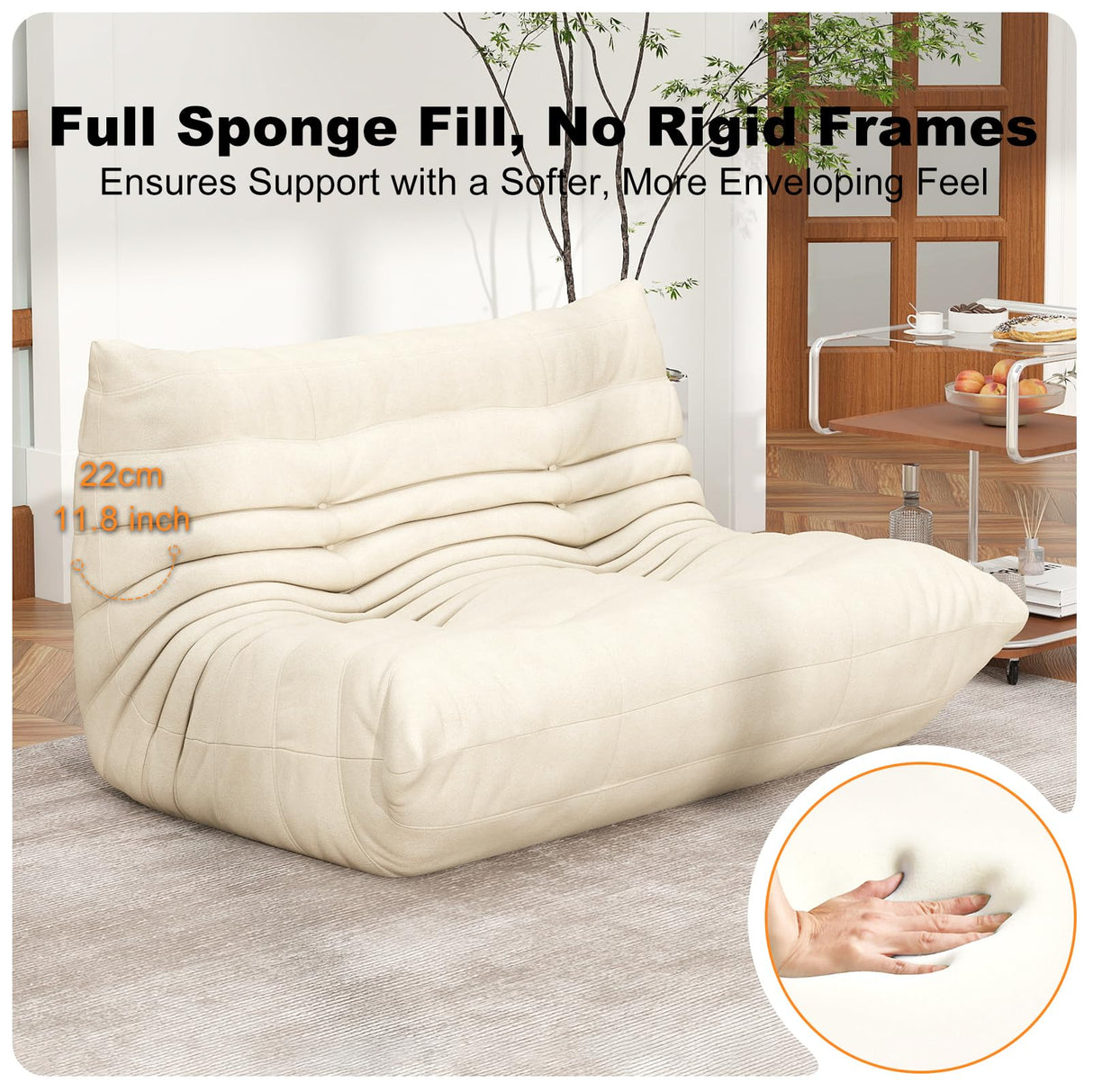 Full Foam Loveseat Sofa,Adults Bean Bag Chairs Floor Couch with Soft Waterproof Fabric,Armless Fireside Lounge Chair for Living Room,Apartment and Office (Whtie) Snug Sofee