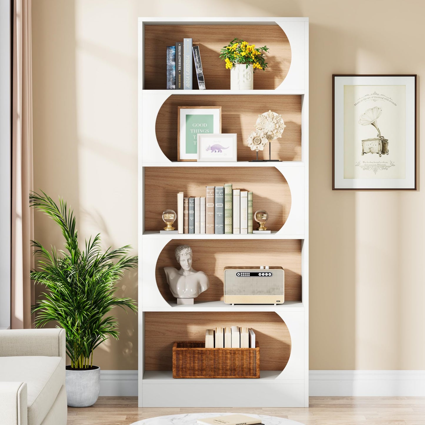 Tribesigns Modern 71" 5-Tier Freestanding Bookshelf with Versatile Storage in White and Walnut - WoodArtSupply