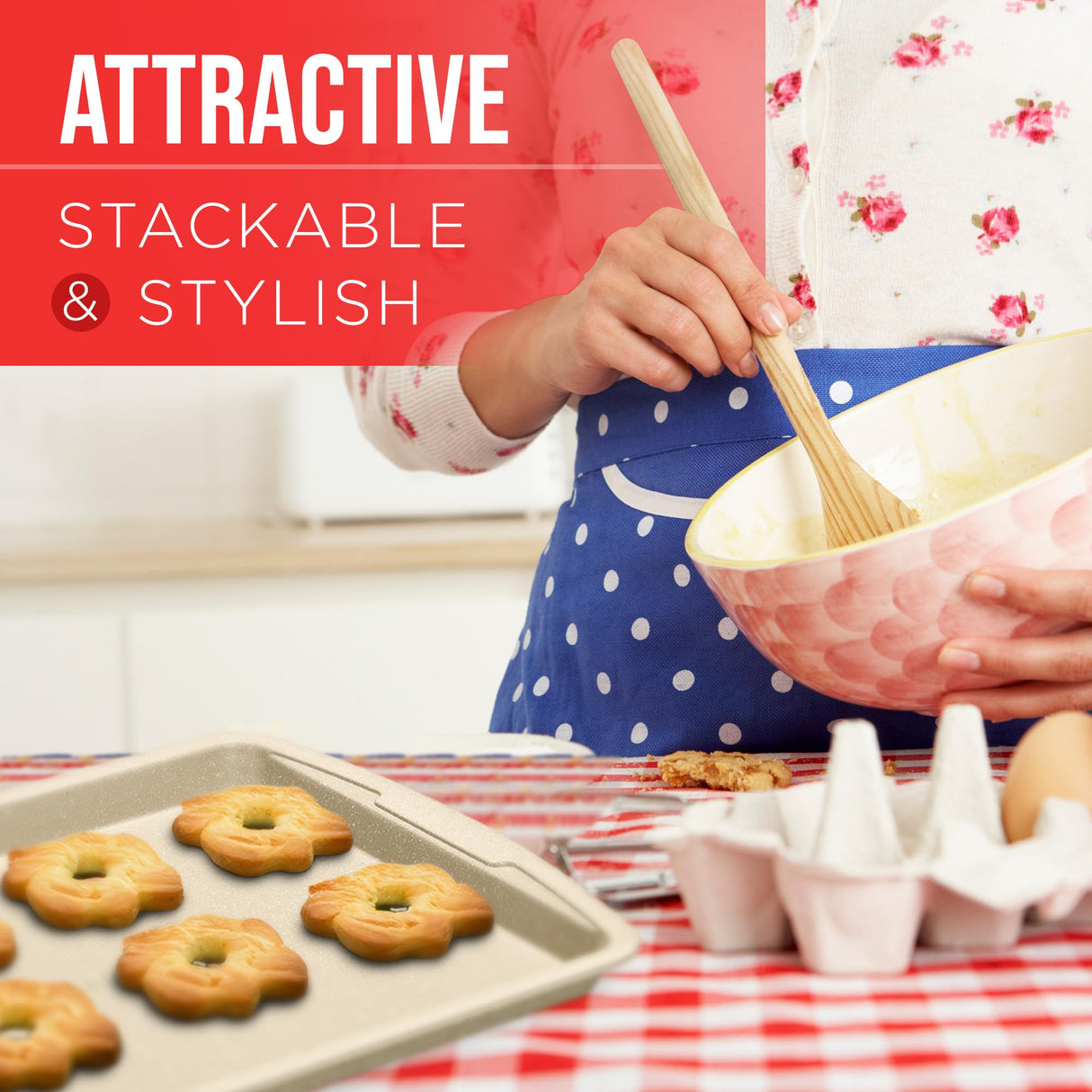 Bakken Swiss Cookie Sheet 3 Piece Set - Non-Stick, Stackable Baking Pans, White marble Deluxe Ceramic Coating – Dishwasher Safe - for Home Baking Bakken- Swiss