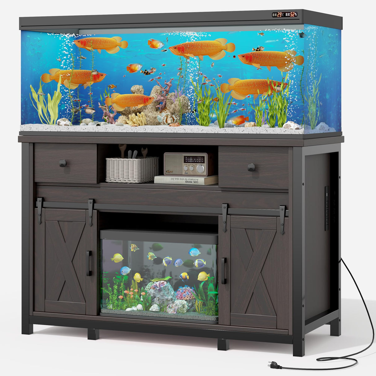 Miereirl 55-75 Gallon Fish Tank Stand with Power Outlet – Heavy Duty Aquarium Stand, Rustic Farmhouse Style, 800 lb Capacity, Adjustable Storage & Sliding Barn Doors, Dark Brown Miereirl
