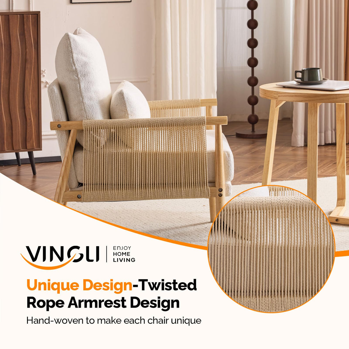VINGLI Braid Accent Chairs Set of 2,Mid-Century Modern Armchiars with Solid Wooden Armrest,Comfy Louge Chairs with Waist Pillow for Bedroom,Living Room,Reading Room, Beige VINGLI
