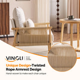 VINGLI Braid Accent Chairs Set of 2,Mid-Century Modern Armchiars with Solid Wooden Armrest,Comfy Louge Chairs with Waist Pillow for Bedroom,Living Room,Reading Room, Beige VINGLI