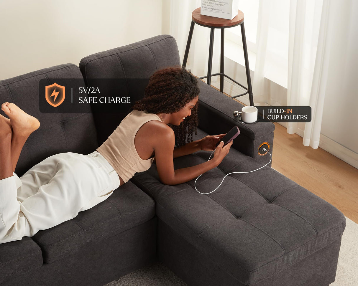 VanAcc Sofa Bed, Sleeper Sofa with USB Charging Ports, L-Shaped Couch with Storage, Pull Out Couch for Living Room, Grey Linen VanAcc