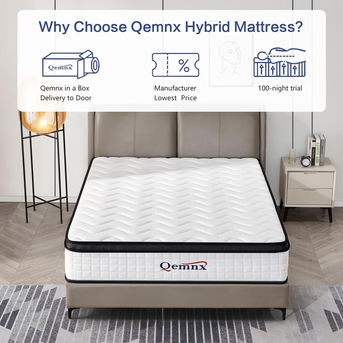 QEMNX 12 Inch Queen Hybrid Mattress – Medium Firm, Memory Foam & Responsive Pocket Springs, Enhanced Edge Support, Motion Isolation, Pressure Relief, Eco-Friendly, Compressed for Easy Setup QEMNX