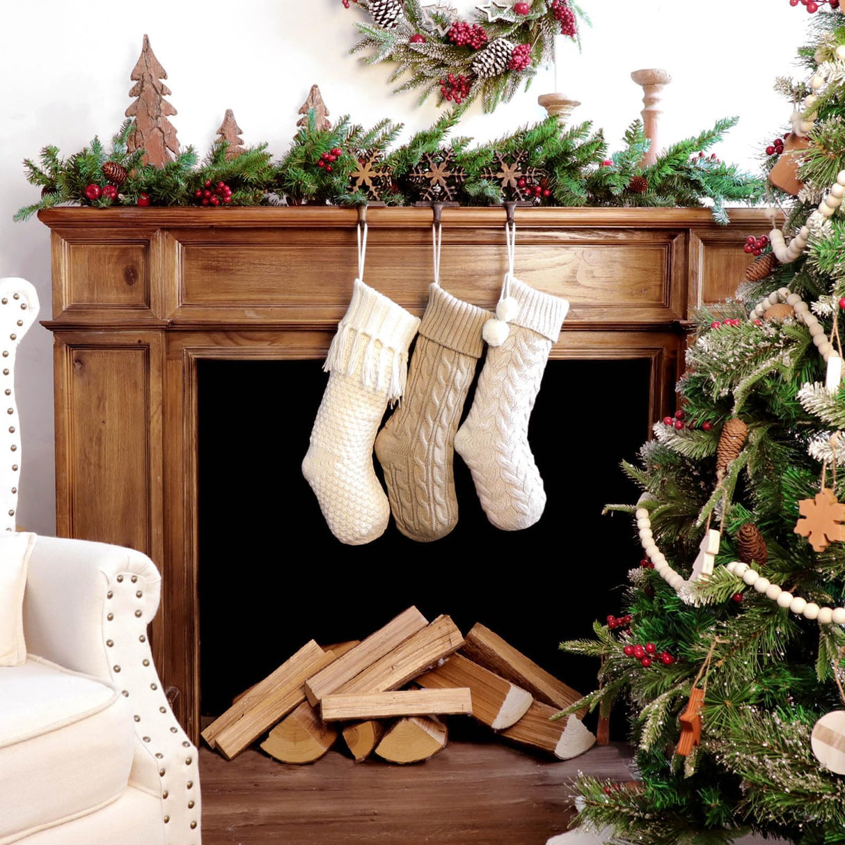 LimBridge Christmas Stockings Cable Knit, 3 Pack 18 inches Large Size Knitted Xmas Stockings, Rustic Farmhouse Boho Style Stocking Decorations for Family Holiday Season Decor, White & Beige LimBridge