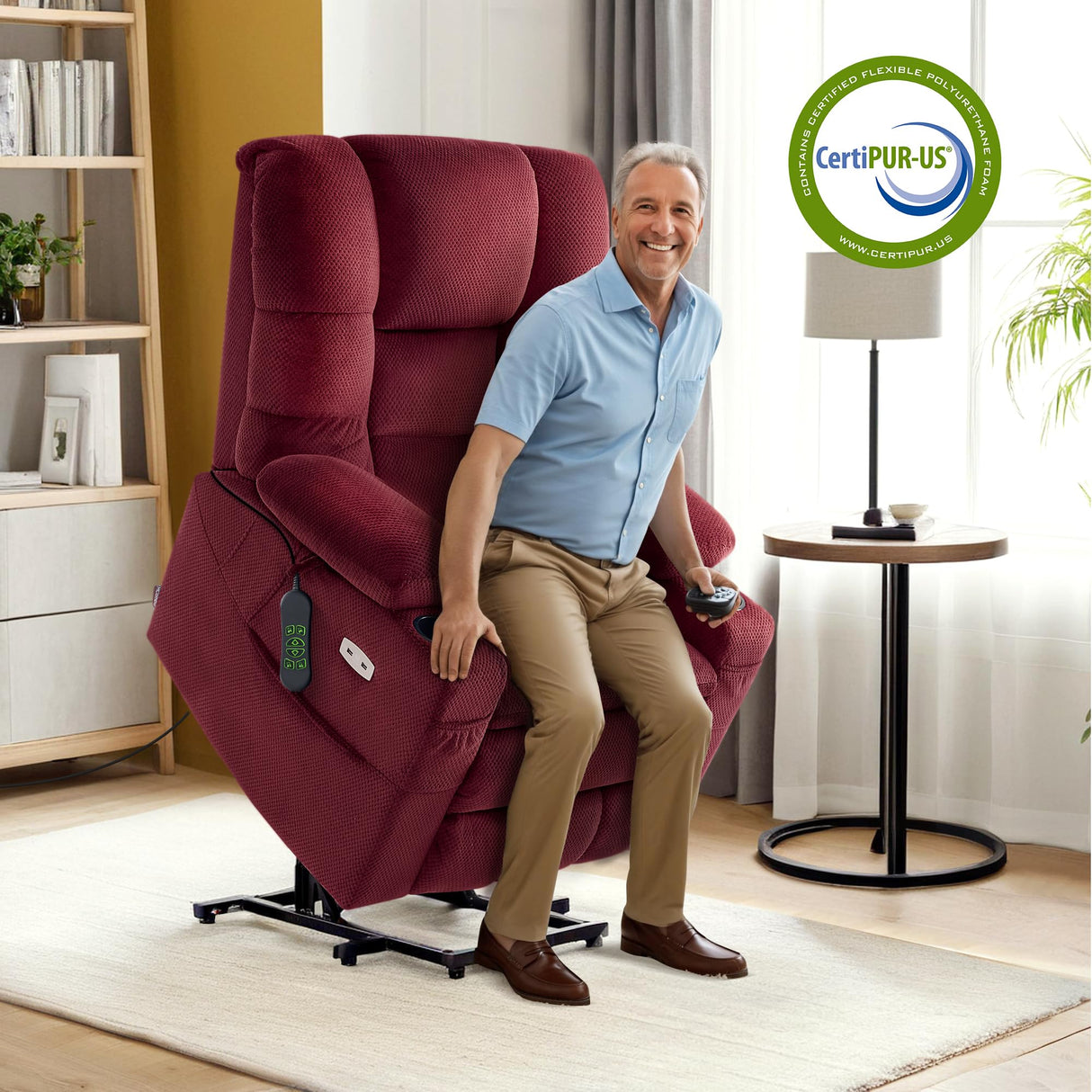 MCombo Large Triple Motor Power Lift Recliner Chair with Massage and Dual Heating, Adjustable Headrest for Tall Elderly People, Fabric 7634 (Burgundy, Large) MCombo