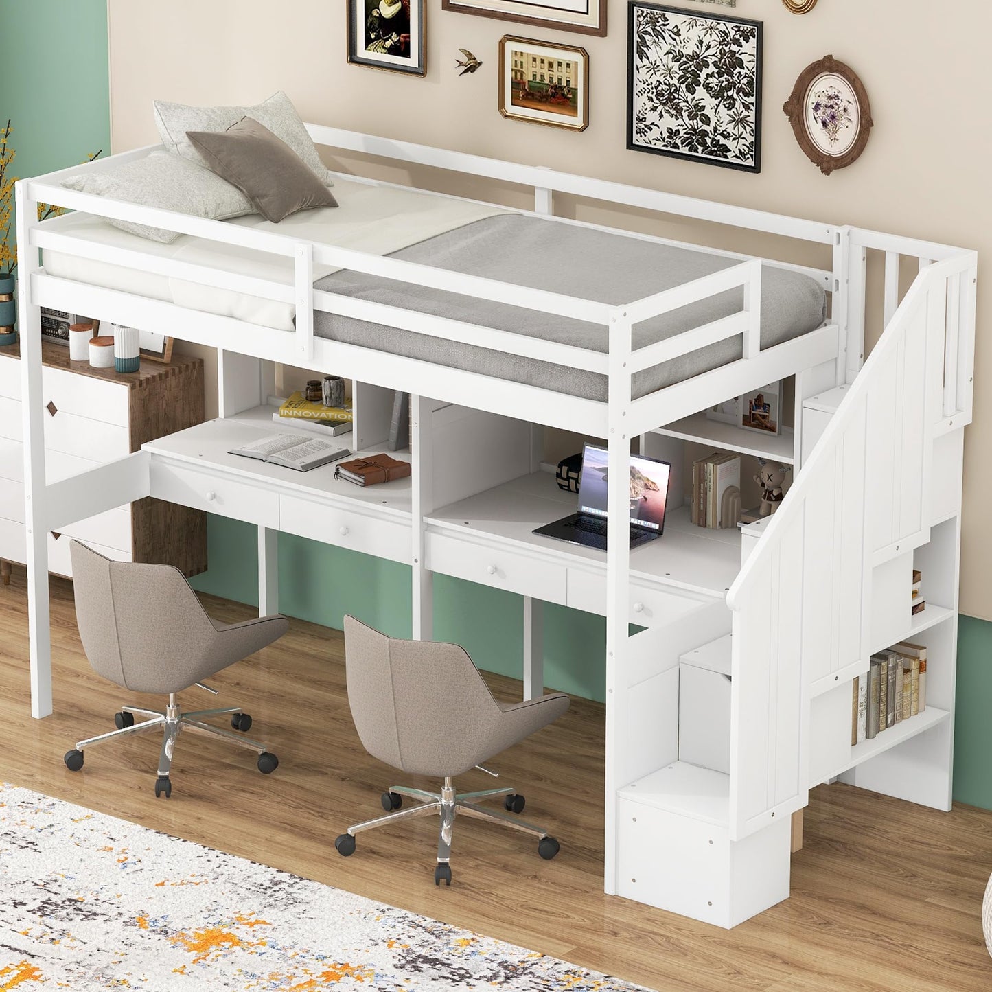 Harper & Bright Designs Twin Loft Bed with Stairs and Double Desks in White - Versatile Storage Solution for Kids - WoodArtSupply