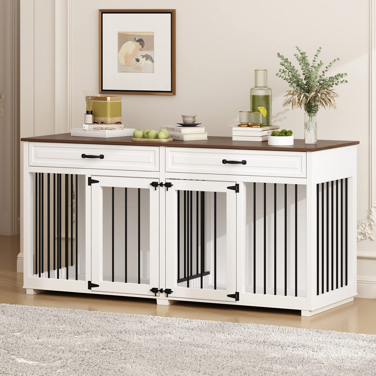 DAWNSPACES Furniture Style Dog Crate, 64.6 Inch Wooden Large Dog Kennel with Drawers & Divider, Indoor Dog House Furniture with Double Rooms for Medium Small Dogs, White DAWNSPACES