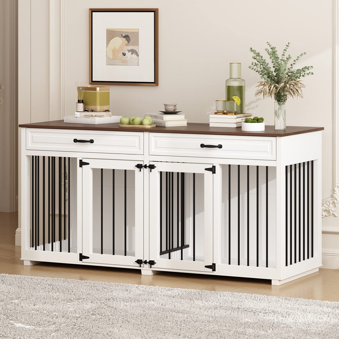 DAWNSPACES Furniture Style Dog Crate, 64.6 Inch Wooden Large Dog Kennel with Drawers & Divider, Indoor Dog House Furniture with Double Rooms for Medium Small Dogs, White - WoodArtSupply