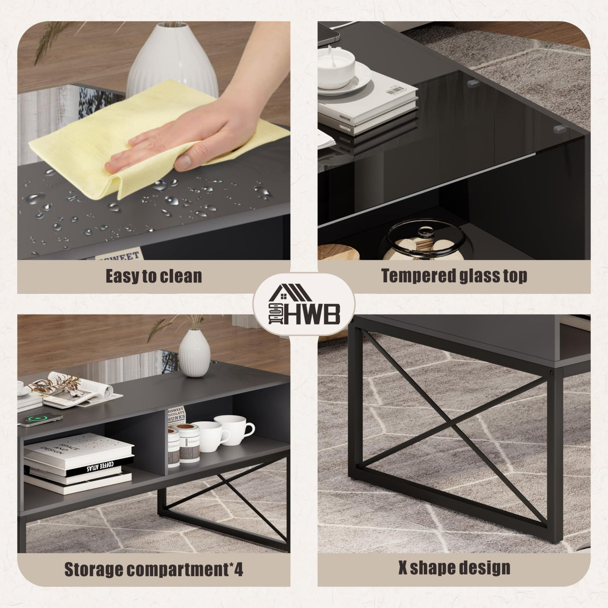 Glass Coffee Tables for Living Room, Grey Mid Century Modern Coffee Table with Storage, Smart Led Light Wood Coffee Table（Grey） HWB