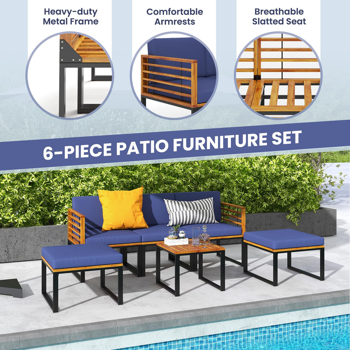 Tangkula 6 Piece Patio Conversation Sofa Set, Acacia Wood Chair Set with Ottomans & Coffee Table, Comfy Seat & Back Cushions, Outdoor Wood Furniture Set for Backyard, Poolside, Garden Tangkula