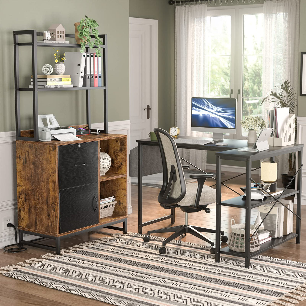 Homieasy Vertical Filing Cabinet with Bookshelf for Home Office, File Cabinet with Shelves, Lock & Charging Station, Drawer Office File Cabinets with Printer Stand, fits Letter Size, Rustic Brown Homieasy