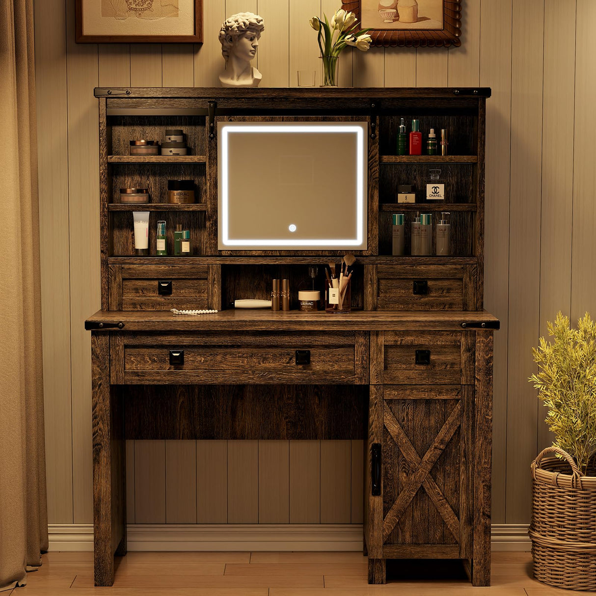 Captain Winters 42.13'' Farmhouse Makeup Vanity Desk with Sliding HD Mirror and Lights, Makeup Vanity with 4 Drawers & Cabinet, Farmhouse Vanity for Bedroom,Dark Barnwood Grey Captain Winters
