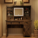 Captain Winters 42.13'' Farmhouse Makeup Vanity Desk with Sliding HD Mirror and Lights, Makeup Vanity with 4 Drawers & Cabinet, Farmhouse Vanity for Bedroom,Dark Barnwood Grey Captain Winters