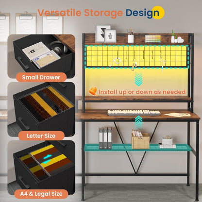 VIGKOOK U Shaped Gaming Desk with Hutch, 98.4in Reversible L Shaped Computer Desk with Power Outlets, Home Office Desk LED Light, Monitor Stand 3 Drawers Shelves Pegboard 6 Hooks (Rustic Brow - WoodArtSupply