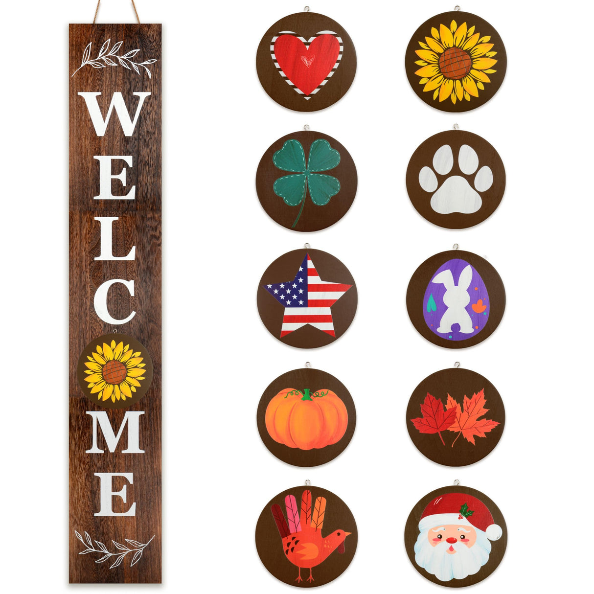 Perfnique Interchangeable Welcome sign for front porch standing, 47 x 7.9 Inch Black Wooden Leaner Sign with 10 Interchangeable Designed Icons, Morden Farmhouse Rustic Seasonal Decor for Spring PERFNIQUE