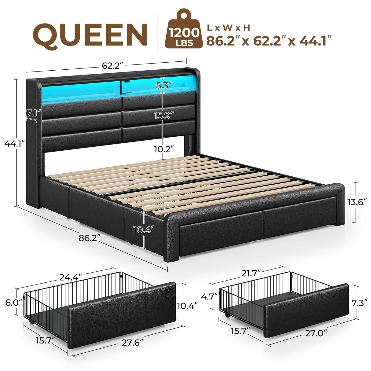 Seventable Queen Size Bed Frame with 4 Storage Drawers & Charging Station, Upholstered Platform Bed with Storage Headboard and LED Light, No Box Spring Needed, Noise Free, Easy Assembly, Black Seventable